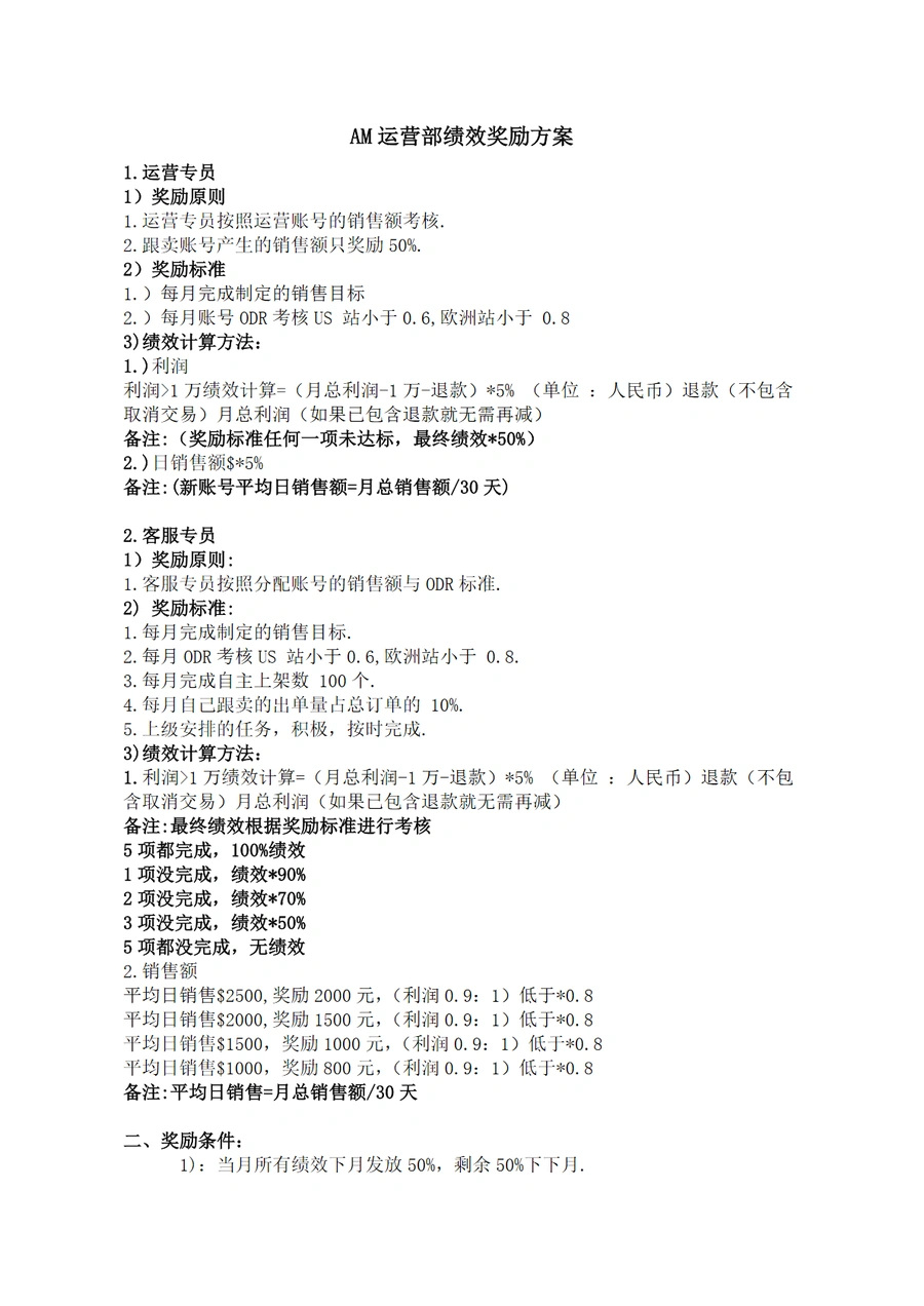 AM运营部绩效奖励方案-2页