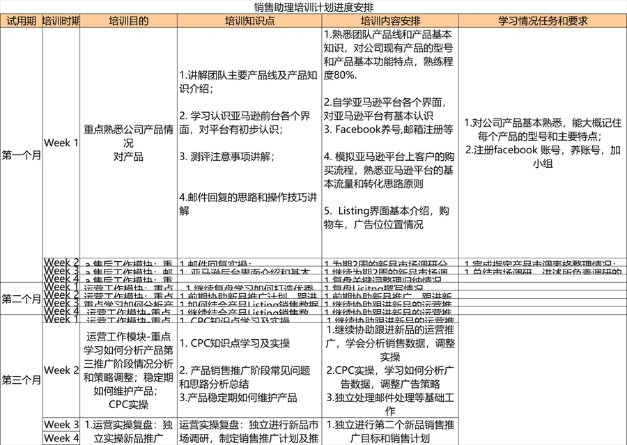 亚马逊销售助理新人培训计划表-14行-1个子表