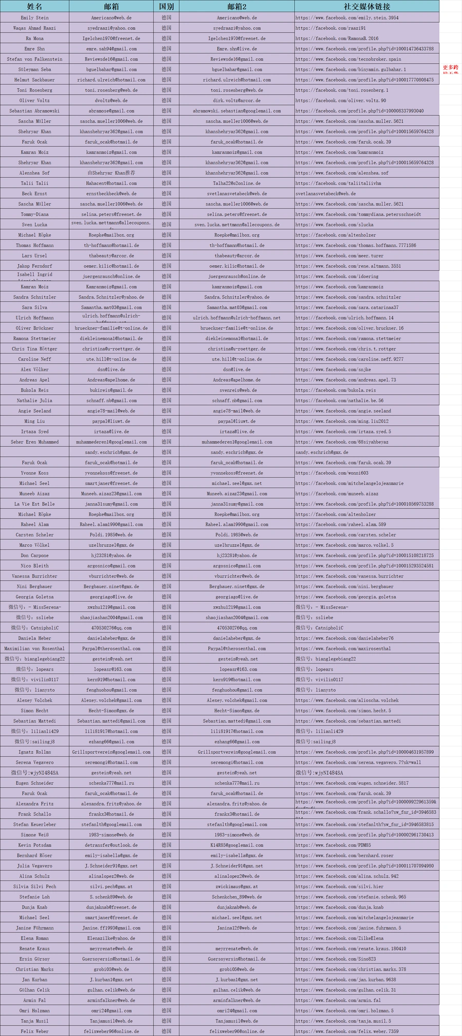 德国站168个真实测评资源（含邮箱和Facebook链接）-183行-1个子表