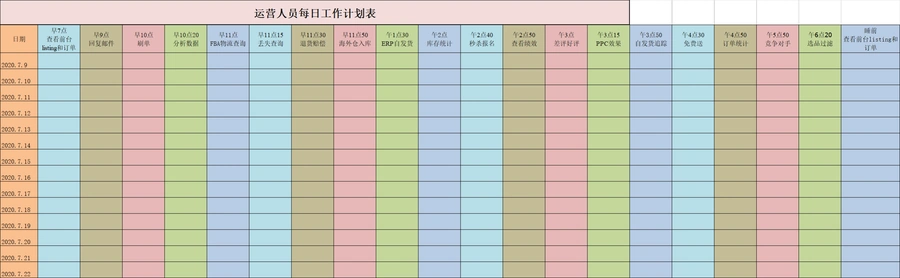 亚马逊运营人员每日工作计划表-16行-1个子表