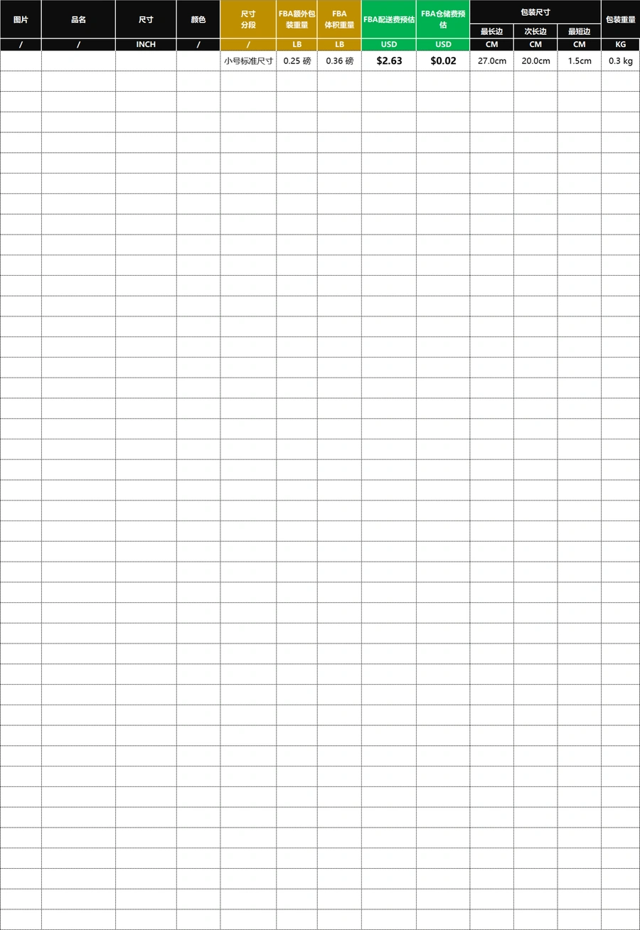 亚马逊FBA配送费和仓储费自动计算工具-美国站-94行-3个子表