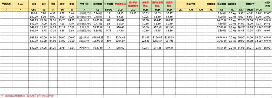 亚马逊FBA配送费和仓储费自动计算工具表-143行-6个子表