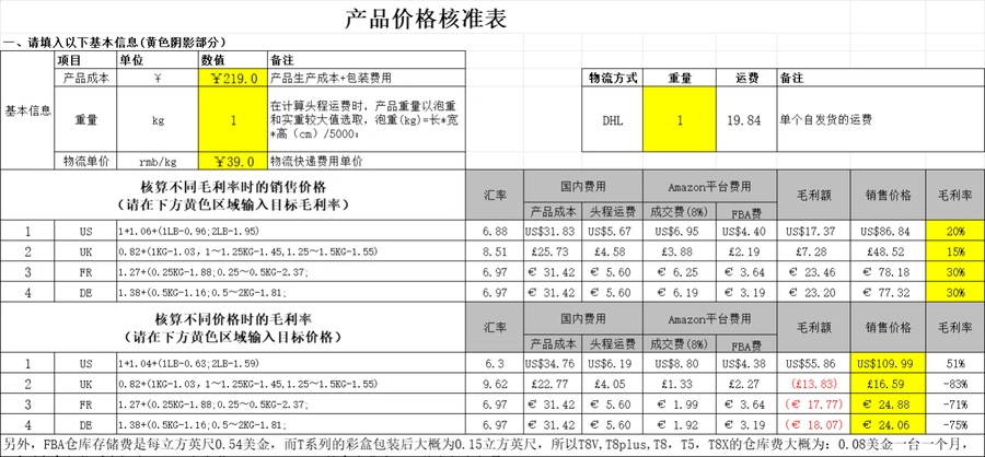 亚马逊产品成本毛利率价格自动化核算表-19行-1个子表