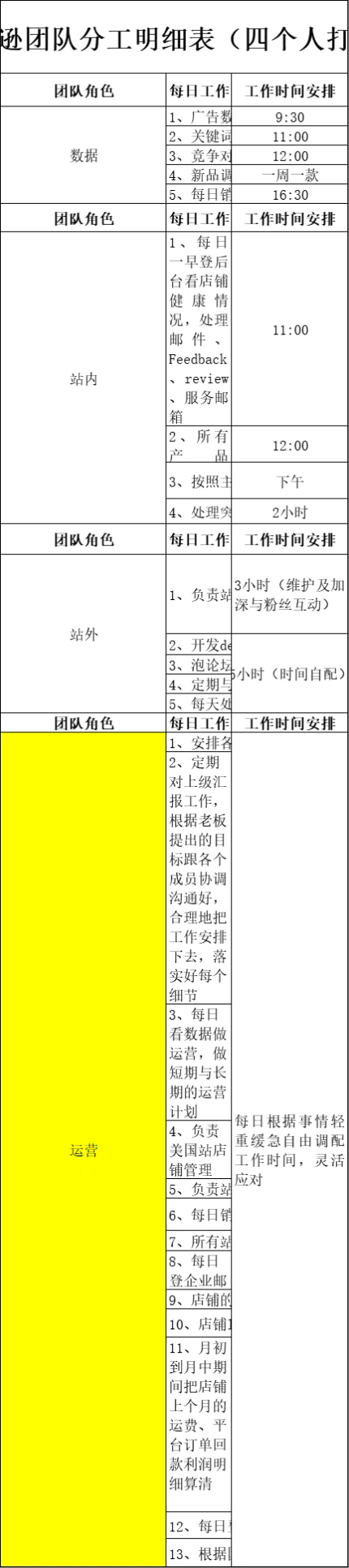 亚马逊团队分工明细表-32行-1个子表
