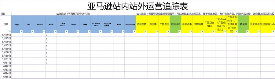 亚马逊站内站外运营追踪表-16行-1个子表
