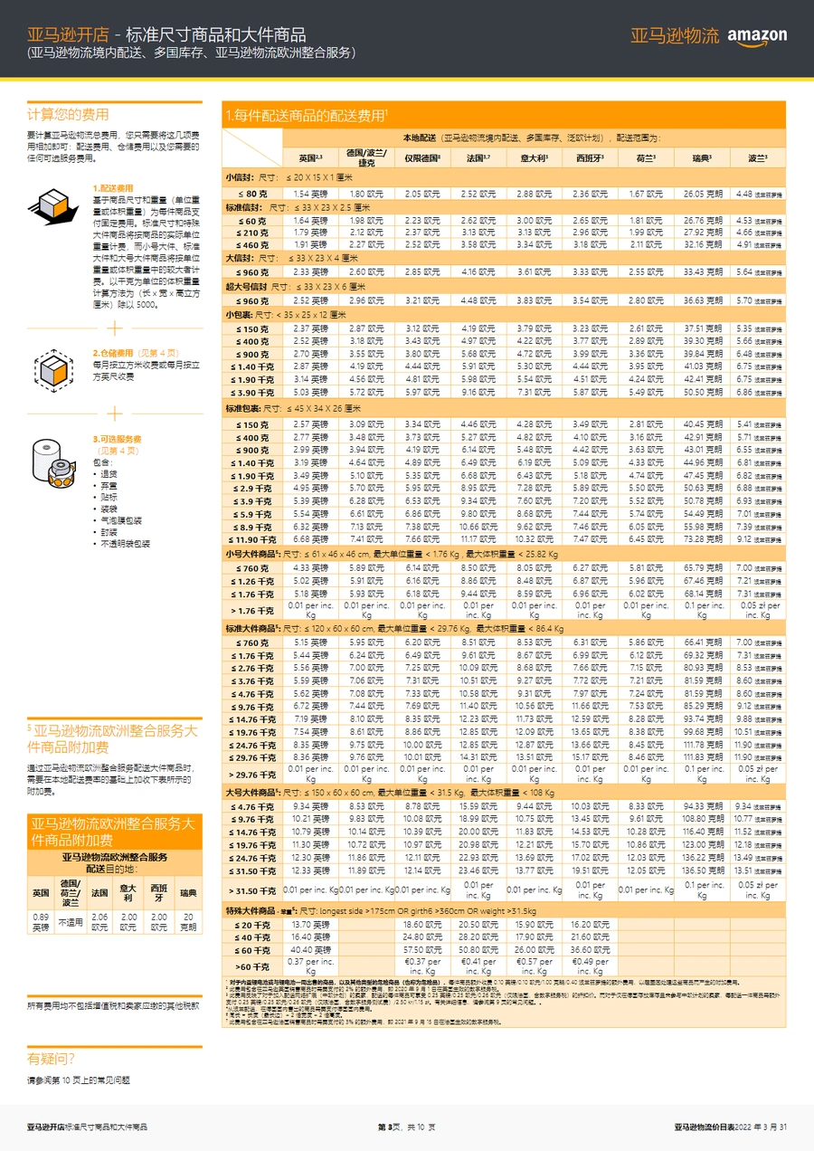 亚马逊物流欧洲费用价目表2022年3月-文章场景图