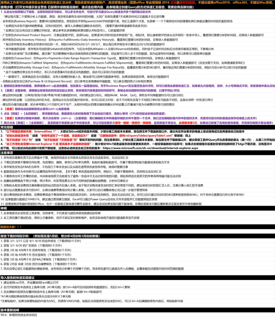 亚马逊高阶版账户全面诊断模板V1.0.1-183行-25个子表