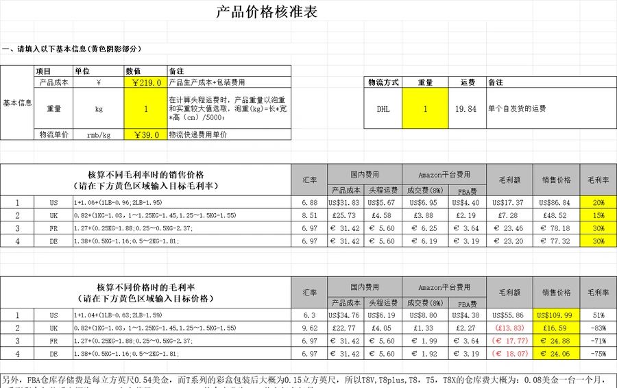亚马逊自发货成本核算及定价表格-192行-3个子表