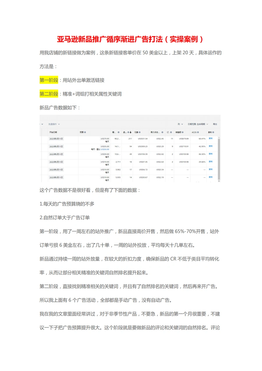 亚马逊新品推广循序渐进广告打法实操案例-6页