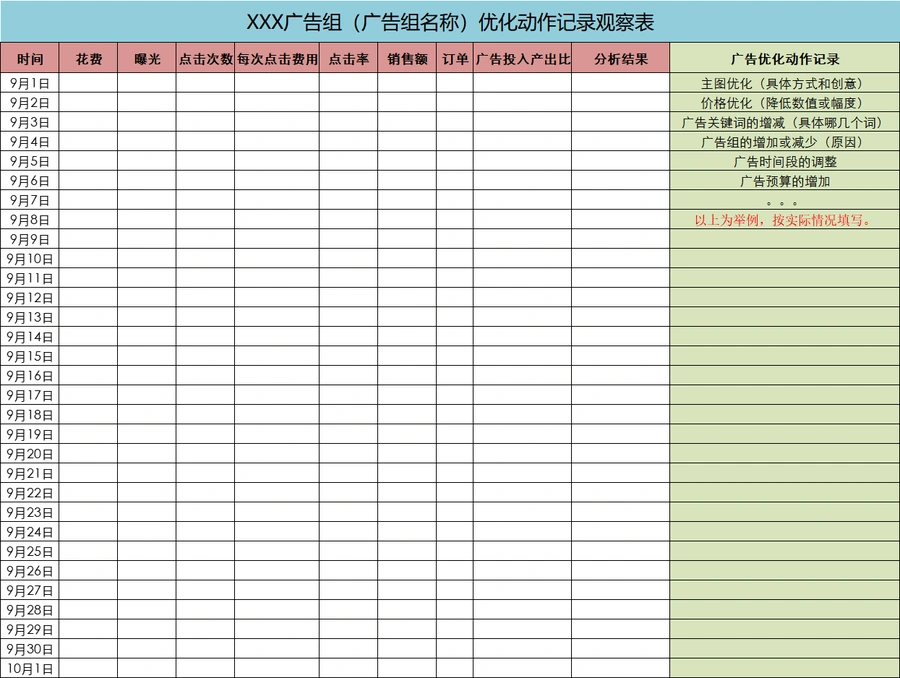 亚马逊CPC广告优化动作记录观察表-33行-1个子表