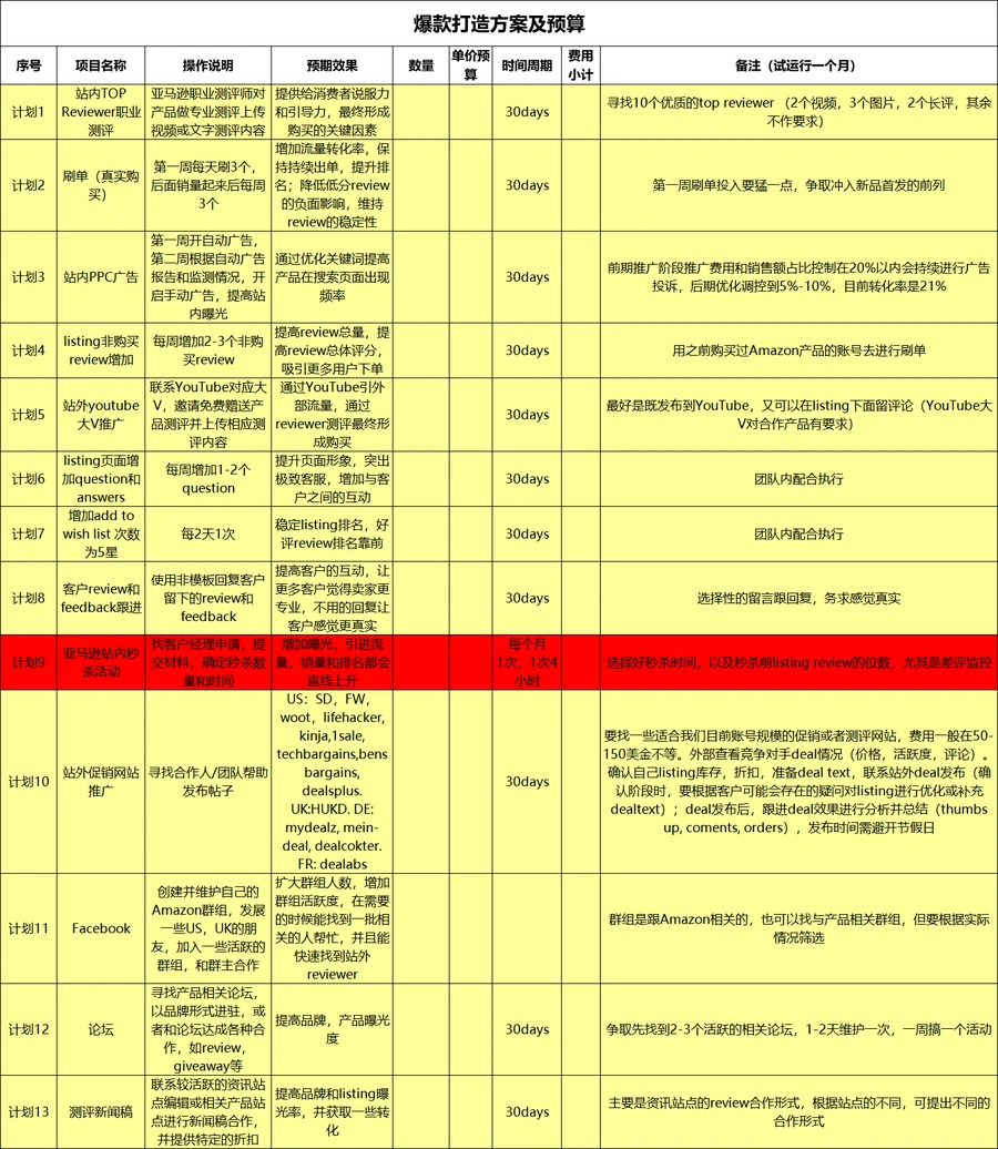 知名公司亚马逊爆款打造方案及预算表-15行-1个子表