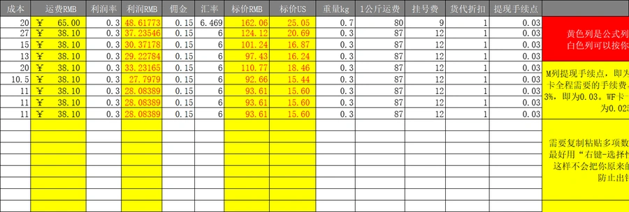 FBA价格与利润计算器-18行-1个子表