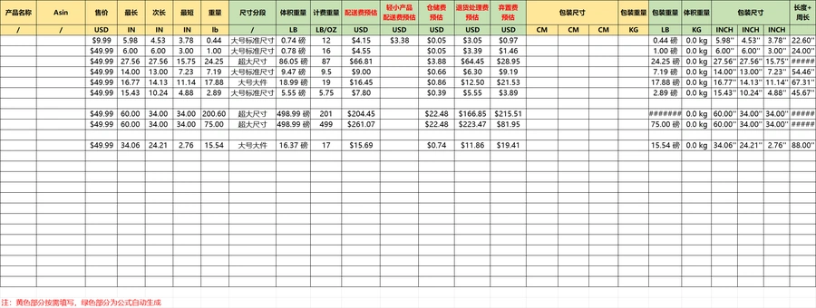 亚马逊FBA配送费和仓储费自动计算工具2024最新版-146行-6个子表
