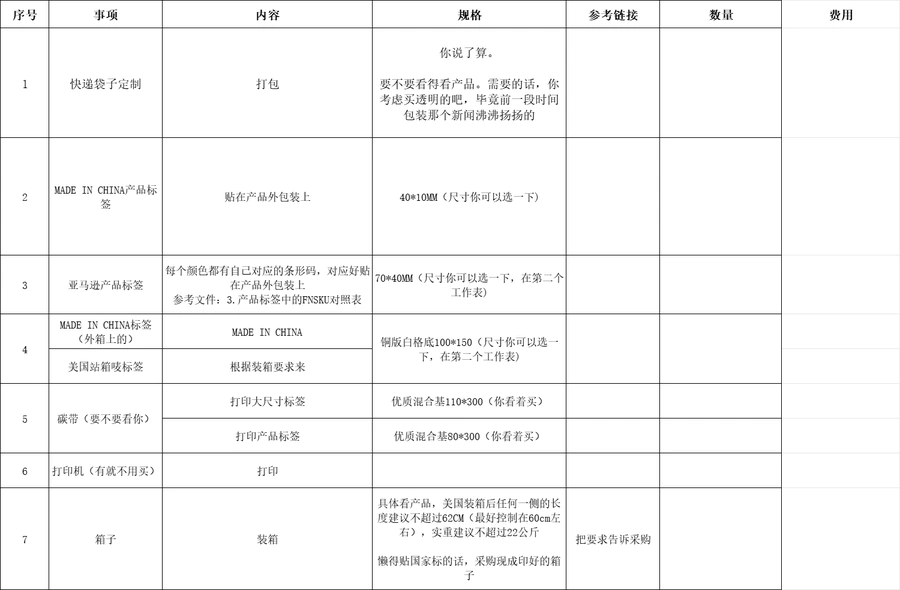 亚马逊FBA发货条码与物料采购清单-11行-2个子表