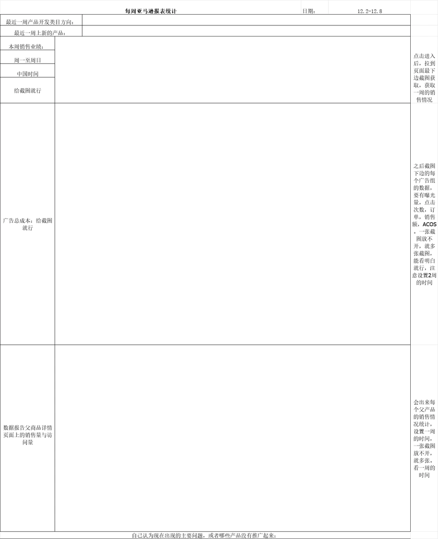 亚马逊店铺每周统计报告模板-12行-1个子表
