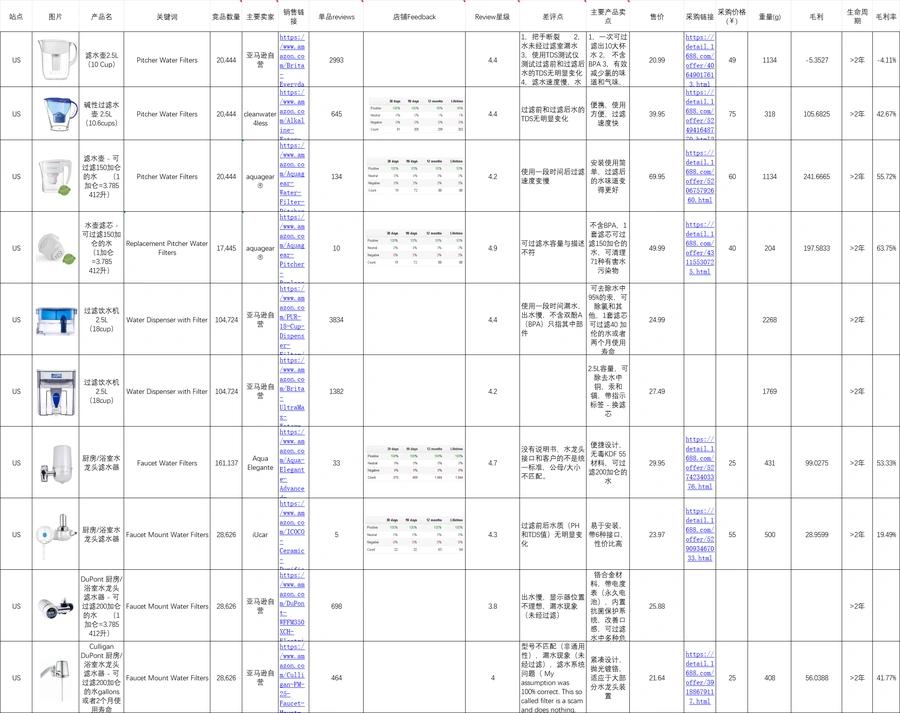 亚马逊滤水器产品开发深度分析表-278行-10个子表