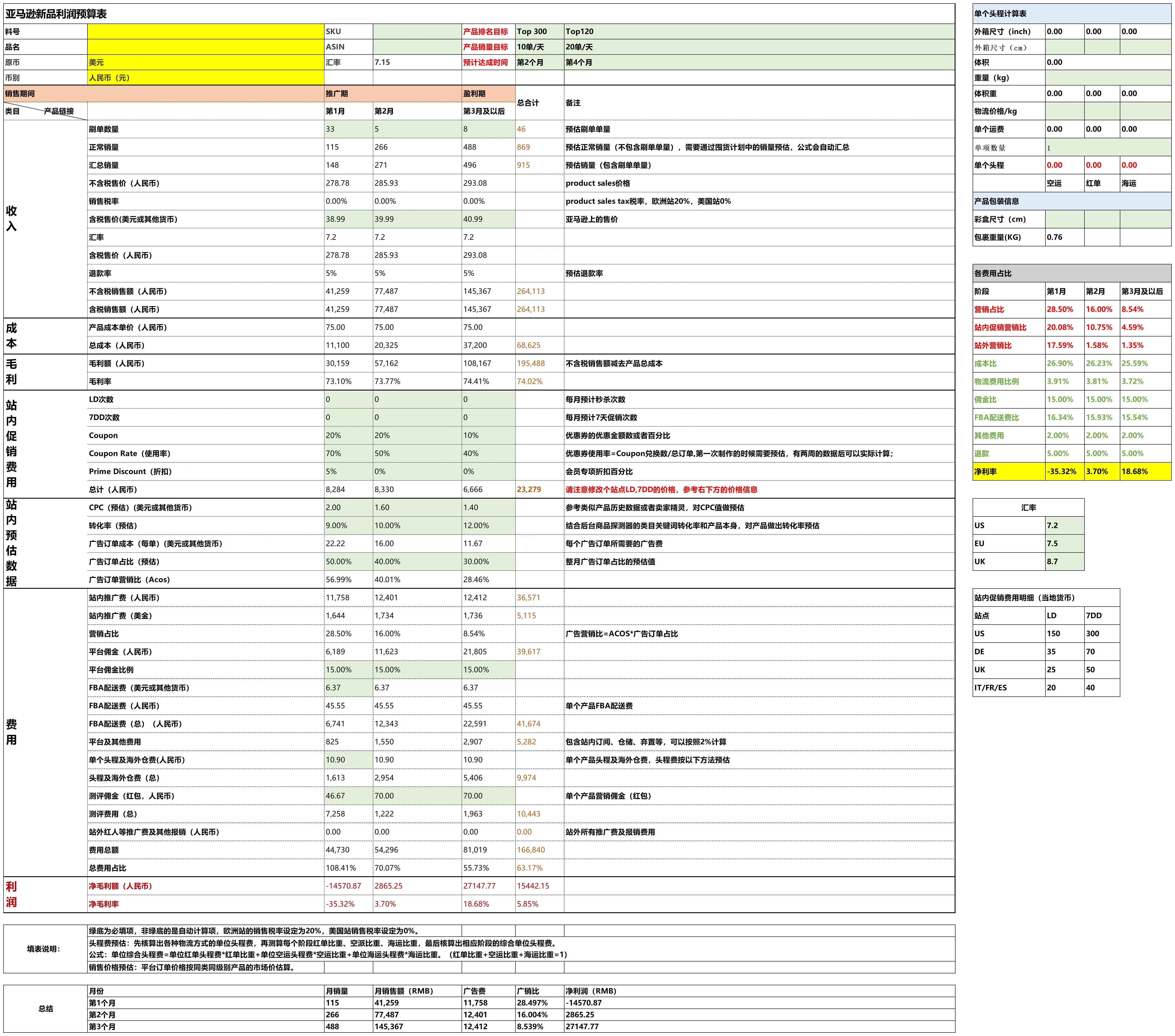 亚马逊跨境电商新品运营推广与利润测算模板-375行-8个子表