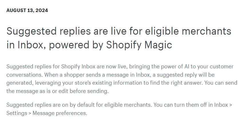 服务动态｜Shopify Magic新增建议回复功能 自动生成客户咨询回复 默认开启