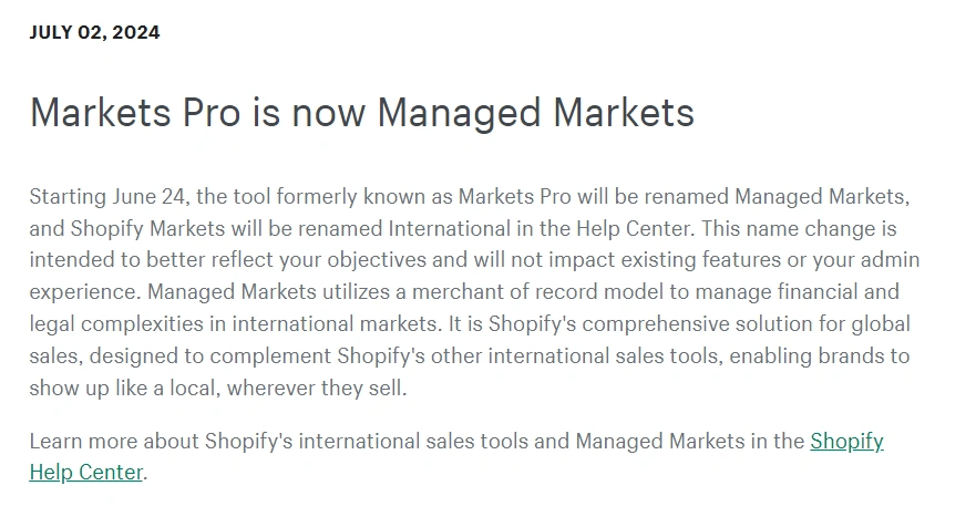 服务动态｜Shopify Markets Pro更名为Managed Markets 强化跨境合规管理
