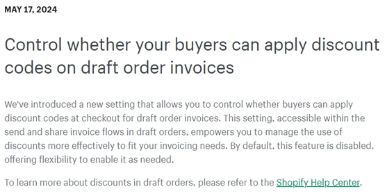 服务动态｜Shopify草稿订单折扣码权限设置功能上线 增强商家订单管理灵活性