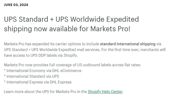 服务动态｜Shopify Markets Pro新增UPS标准国际运输服务 支持DDP标签获取