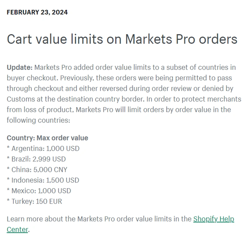 政策规则｜⚠️中危！Shopify Markets Pro新增6国订单价值限制 5月8日生效