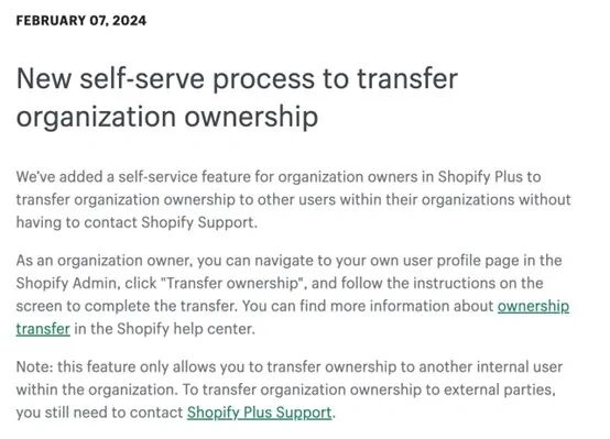 服务动态｜Shopify Plus组织所有权自助转移功能上线 简化多店铺管理流程