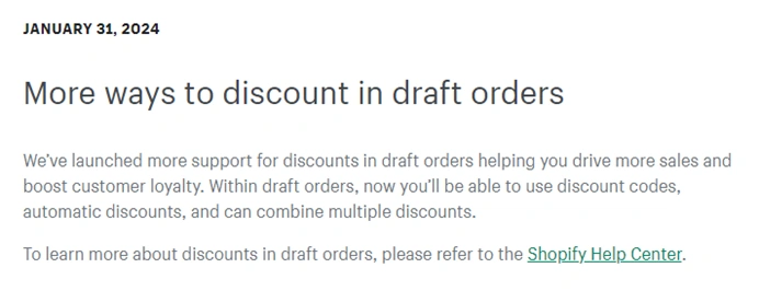 服务动态｜Shopify草稿订单新增折扣组合与定价选择器功能 支持更多折扣方式