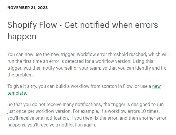 服务动态｜Shopify Flow新增错误触发器 单版本仅通知一次 快速解决工作流故障