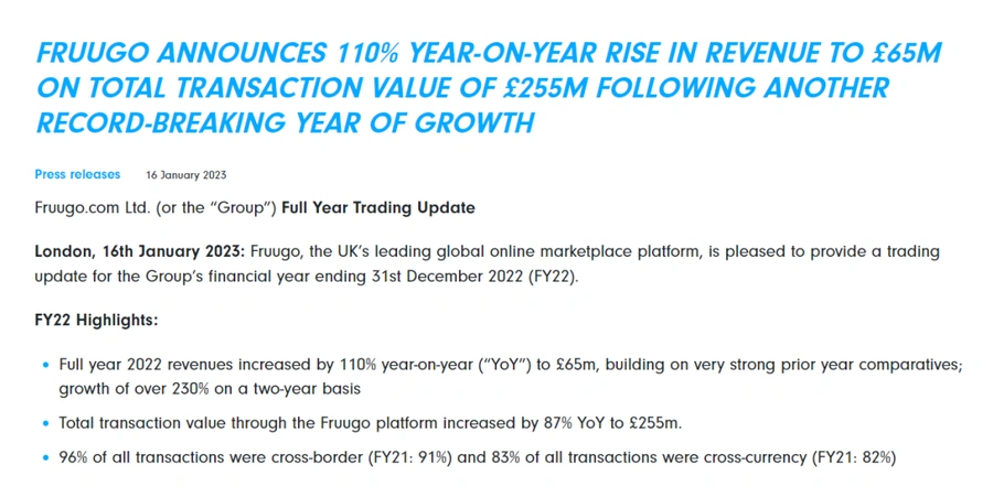 市场趋势|Fruugo 2022年收入增长【110%】达6500万英镑 跨境交易占比【96%】-文章封面图