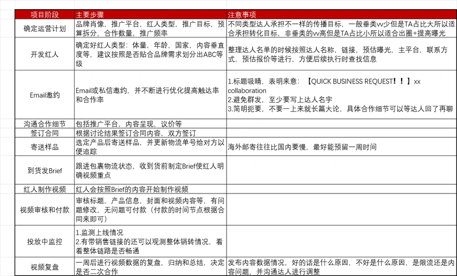 跨境电商网红营销合作项目规划表-13行-1个子表