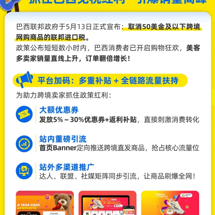 政策优惠｜美客多巴西站点推多重扶持订单翻倍涨
