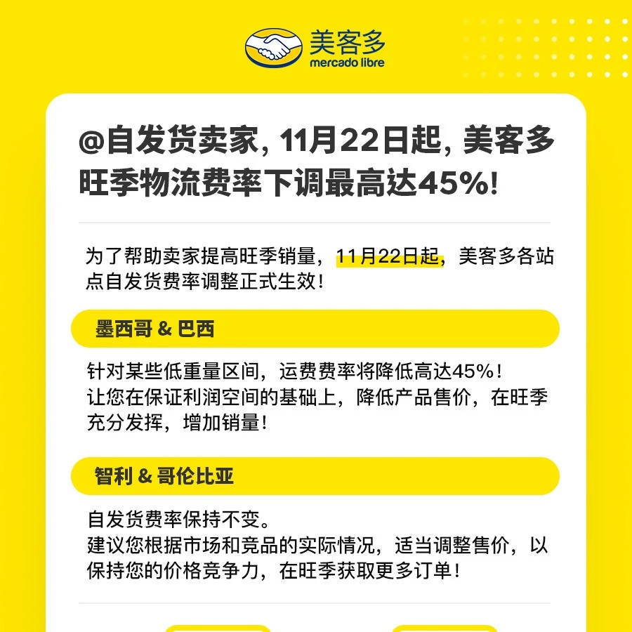 物流动态｜美客多旺季物流费率下调最高达45% 自发货卖家受益