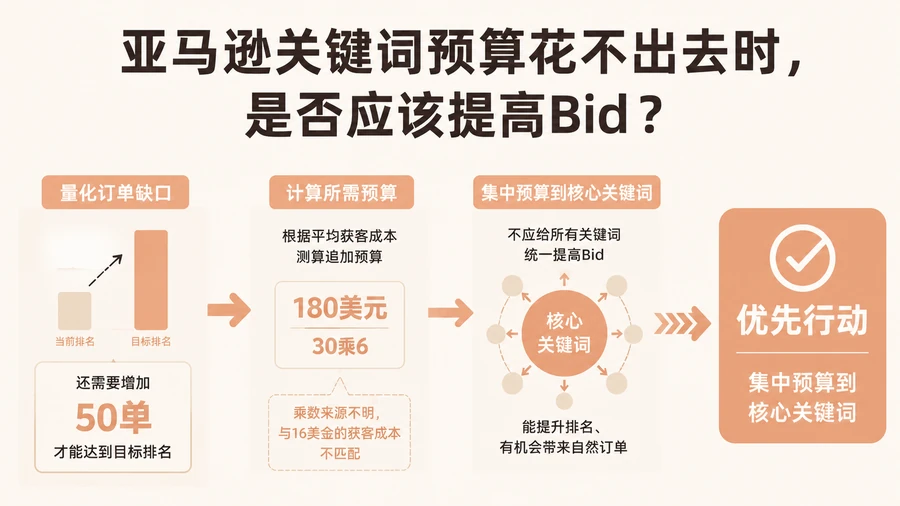 亚马逊关键词预算花不出去时，是否应该提高Bid？ 文章主题框架图