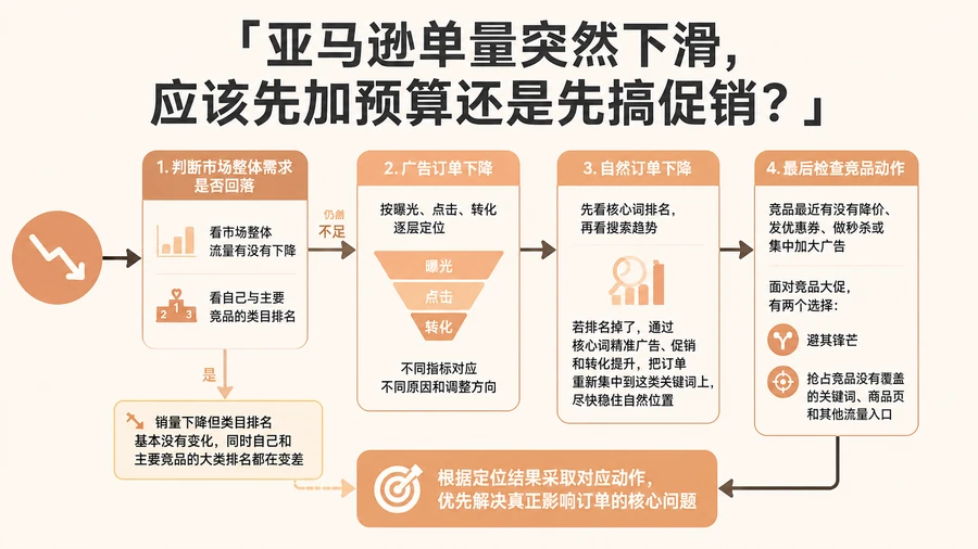 亚马逊单量突然下滑，应该先加预算还是先搞促销？ 文章主题框架图