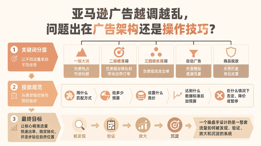 亚马逊广告越调越乱，问题出在广告架构还是操作技巧？ 文章主题框架图
