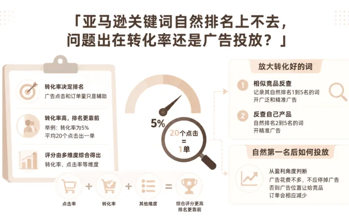亚马逊关键词自然排名上不去，问题出在转化率还是广告投放？ 文章主题框架图