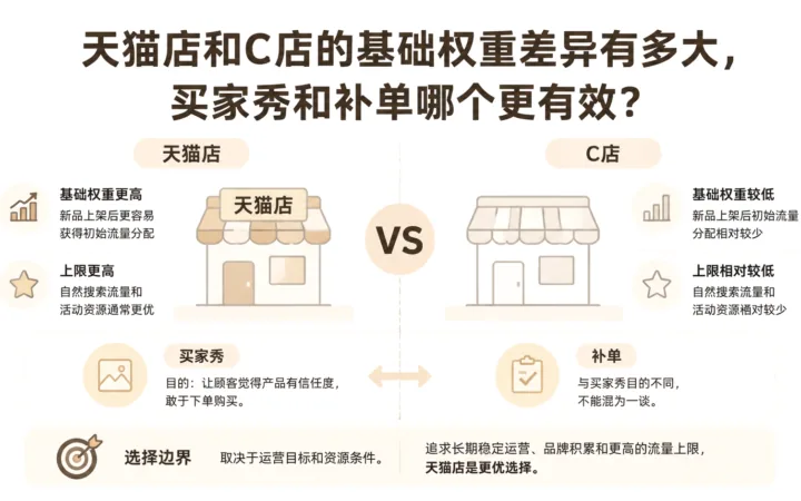 天猫店和C店的基础权重差异有多大，买家秀和补单哪个更有效？ 文章主题框架图