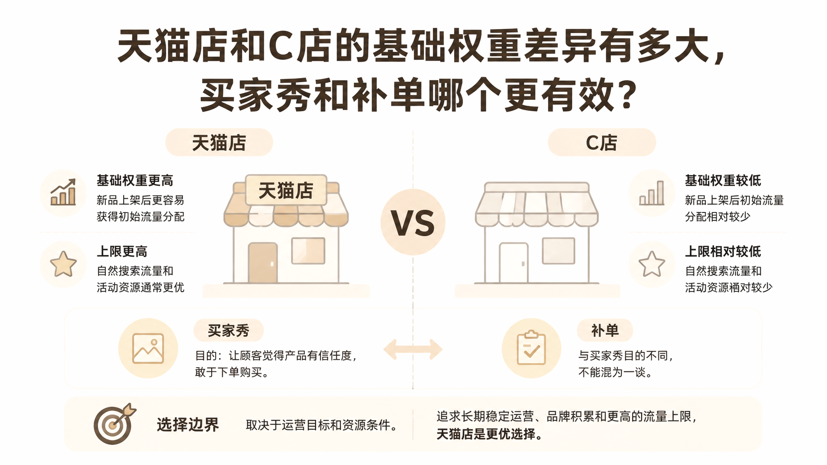 天猫店和C店的基础权重差异有多大，买家秀和补单哪个更有效？ 文章主题框架图