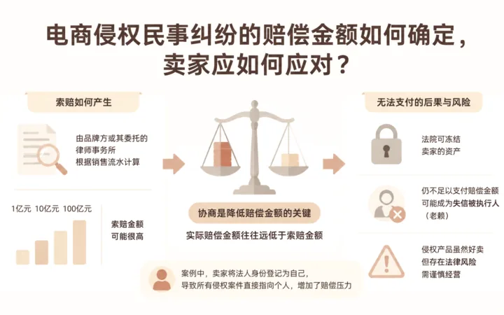 电商侵权民事纠纷的赔偿金额如何确定，卖家应如何应对？ 文章主题框架图