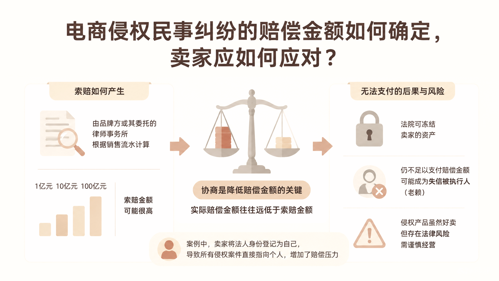 电商侵权民事纠纷的赔偿金额如何确定，卖家应如何应对？ 文章主题框架图