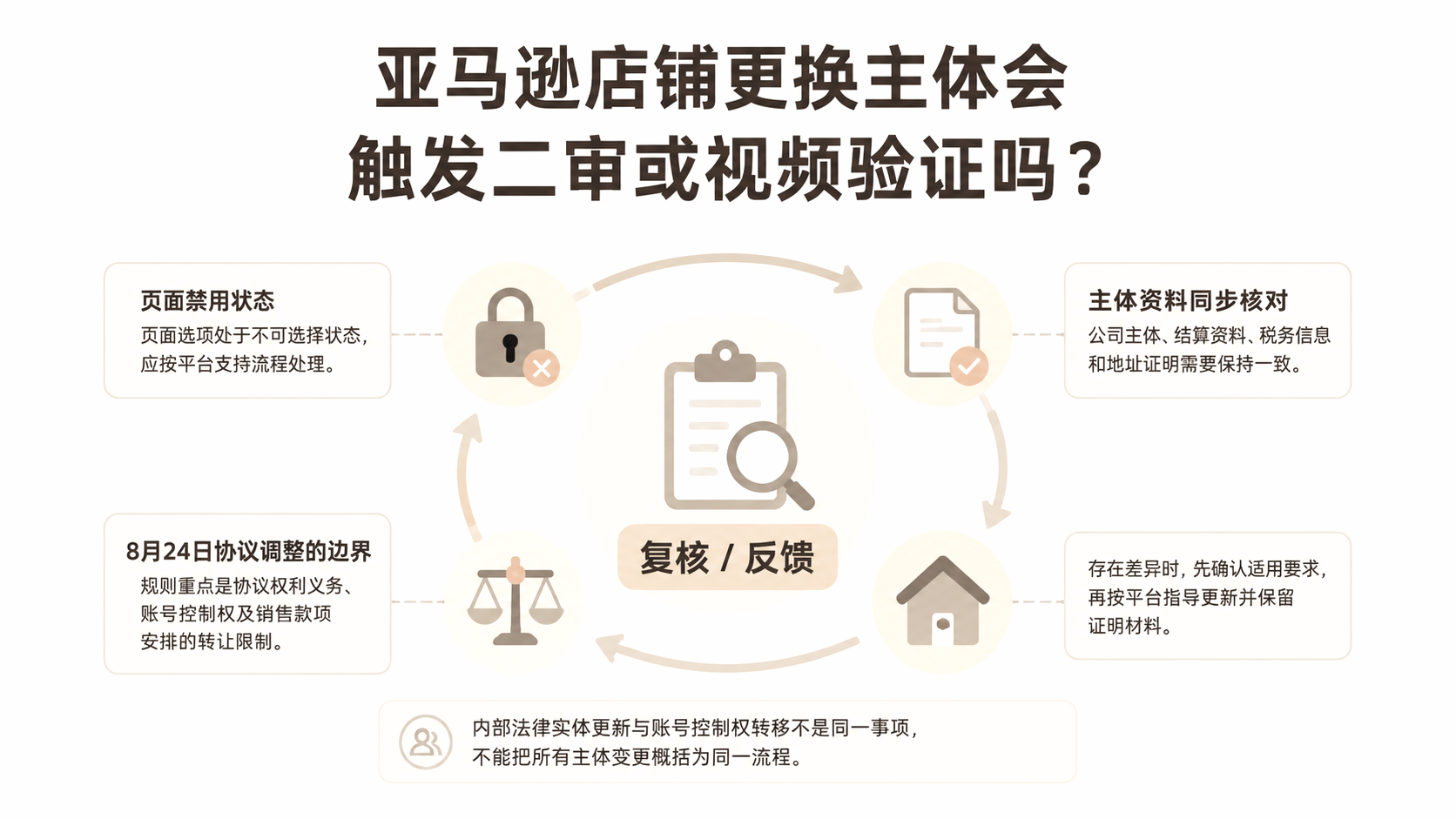 亚马逊店铺更换主体会触发二审或视频验证吗？ 文章主题框架图