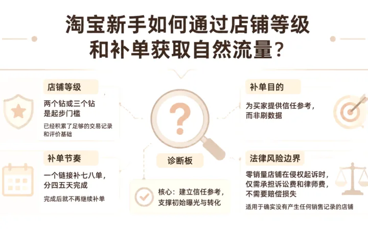淘宝新手如何通过店铺等级和补单获取自然流量？ 文章主题框架图