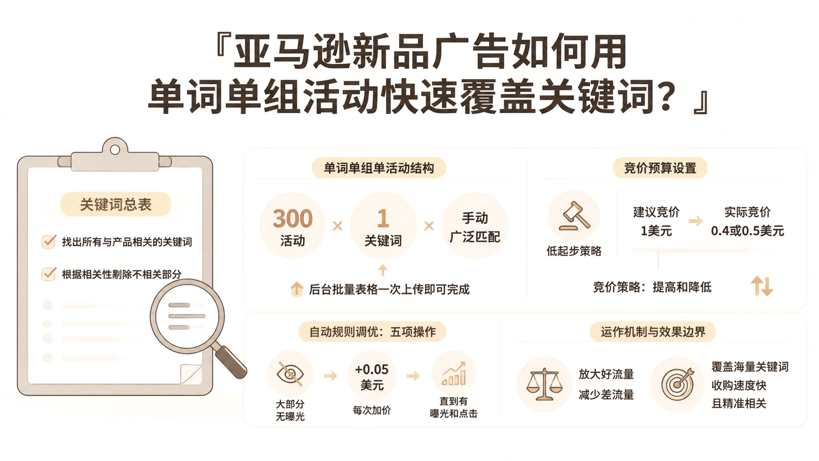亚马逊新品广告如何用单词单组活动快速覆盖关键词？ 文章主题框架图