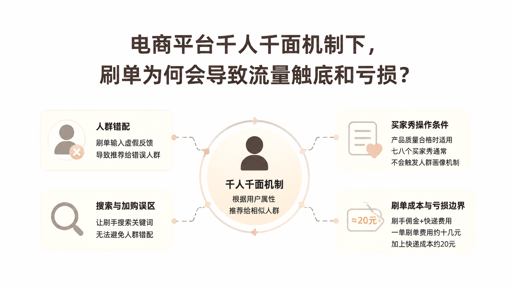 电商平台千人千面机制下，刷单为何会导致流量触底和亏损？ 文章主题框架图
