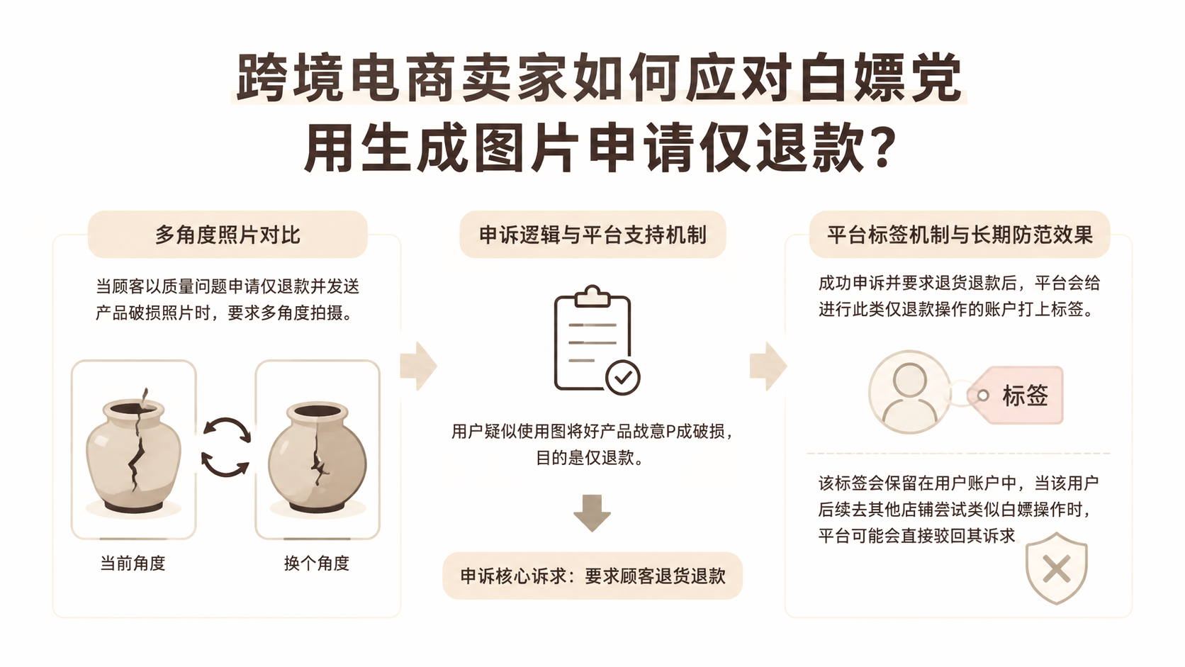 跨境电商卖家如何应对白嫖党用生成图片申请仅退款？ 文章主题框架图