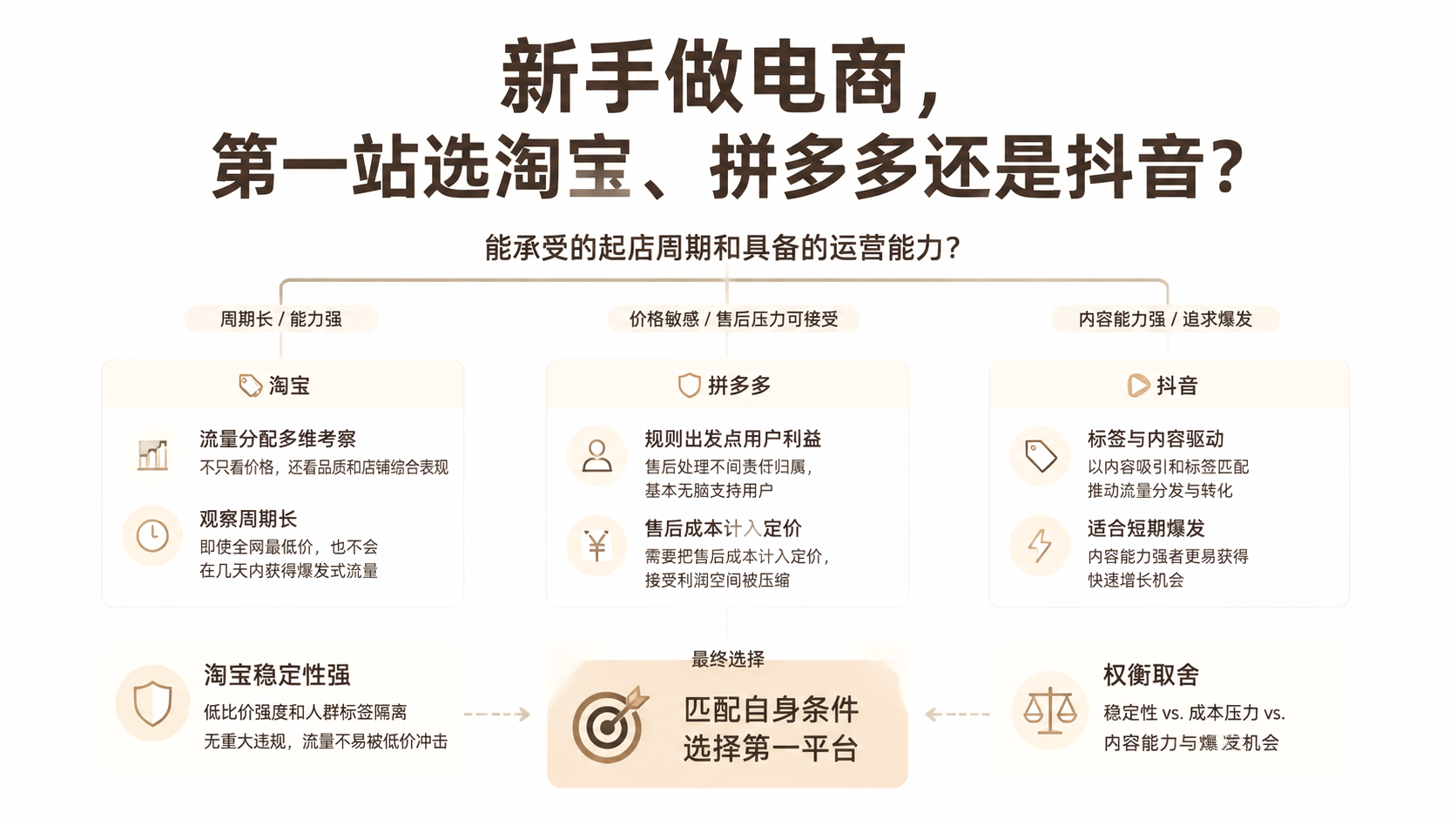 新手做电商，第一站选淘宝、拼多多还是抖音？ 文章主题框架图