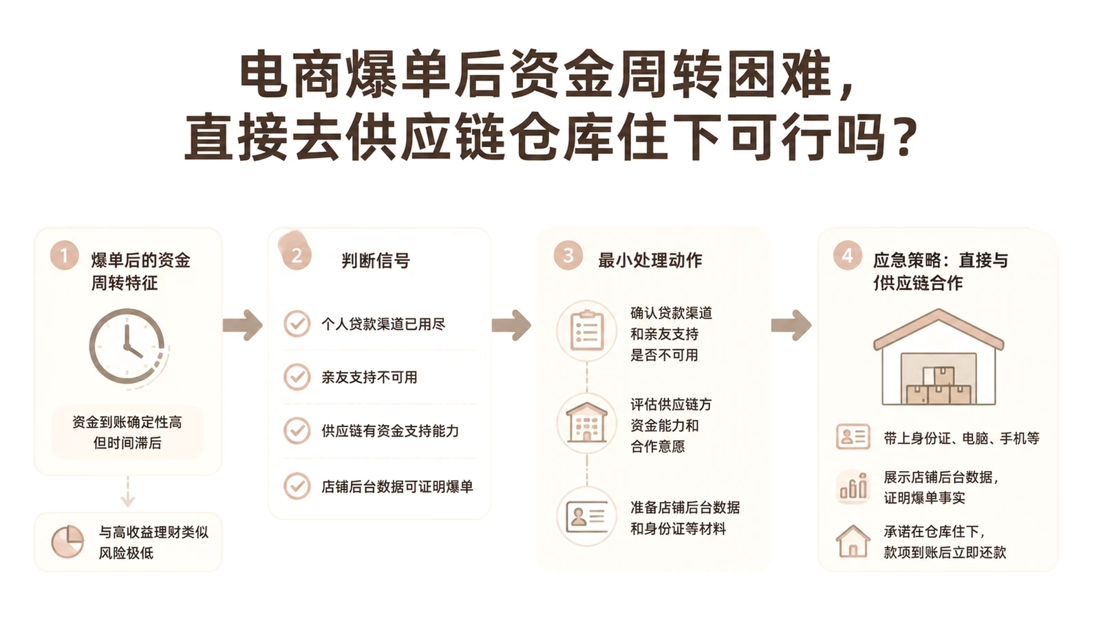 电商爆单后资金周转困难，直接去供应链仓库住下可行吗？ 文章主题框架图