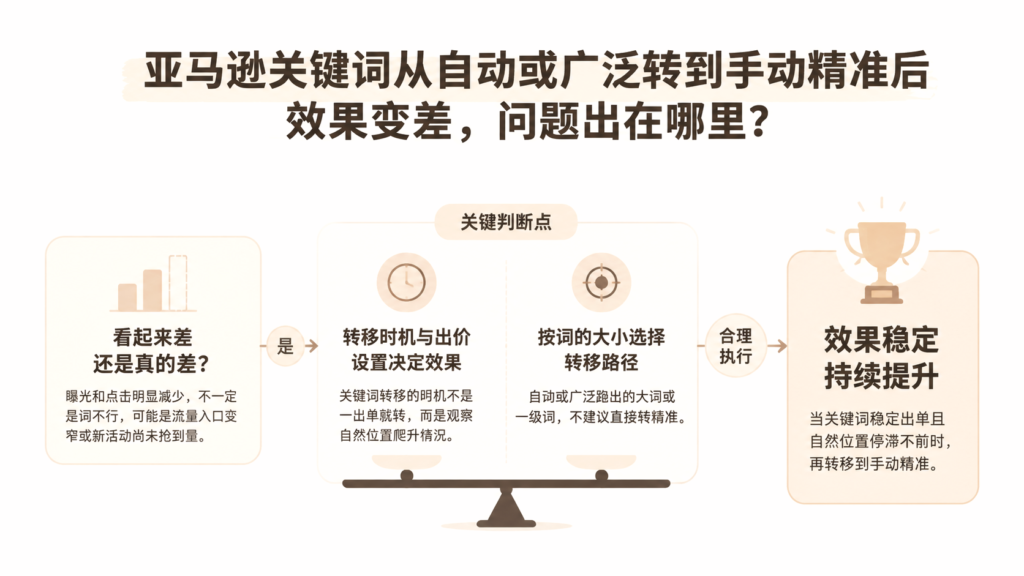 亚马逊关键词从自动或广泛转到手动精准后效果变差，问题出在哪里？ 文章主题框架图