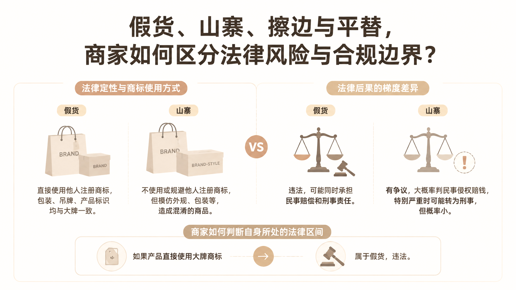 假货、山寨、擦边与平替，商家如何区分法律风险与合规边界？ 文章主题框架图